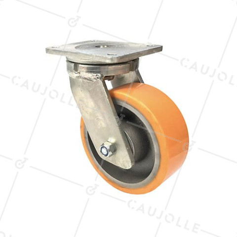 RUEDA GIRATORIA DE HIERRO FUNDIDO DE POLIURETANO CON UN DIÁMETRO DE 200 MM CARGA 1400 KG  - STEC 200PIV • Caujolle