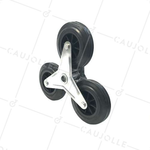SOPORTE DE 3 RUEDAS DE CAUCHO NEGRO PARA CARRETILLA DE MANO DE ESCALERA, CARGA DE 200 KG, EJE DE 20 MM, BOLAS • Caujolle