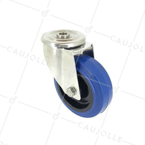 RUEDA DE ACERO INOXIDABLE DE CAUCHO ELÁSTICO CON AGUJERO PASANTE DIÁMETRO 100 MM CARGA 150 KG - INOXO100 BLEUE • Caujolle