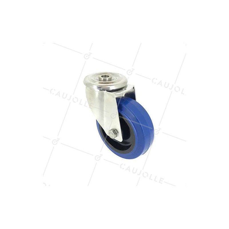 RUEDA DE ACERO INOXIDABLE DE CAUCHO ELÁSTICO CON AGUJERO PASANTE DIÁMETRO 100 MM CARGA 150 KG - INOXO100 BLEUE