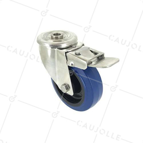 RUEDA CON AGUJERO PASANTE Y FRENO DE ACERO INOXIDABLE Y CAUCHO ELÁSTICO DIÁMETRO 100 MM CARGA 150 KG - INOXO100 BLEUE AF • Caujolle