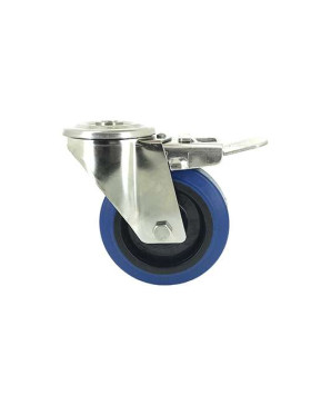 RUEDA CON AGUJERO PASANTE Y FRENO DE ACERO INOXIDABLE Y CAUCHO ELÁSTICO DIÁMETRO 100 MM CARGA 150 KG - INOXO100 BLEUE AF