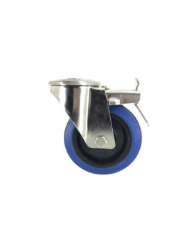RUEDA CON AGUJERO PASANTE Y FRENO DE ACERO INOXIDABLE Y CAUCHO ELÁSTICO DIÁMETRO 100 MM CARGA 150 KG - INOXO100 BLEUE AF