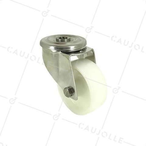 RUEDA CON AGUJERO PASANTE DE ACERO INOXIDABLE Y NYLON DE 80 MM DE DIÁMETRO, 150 KG DE CARGA - INOX O 80  • Caujolle