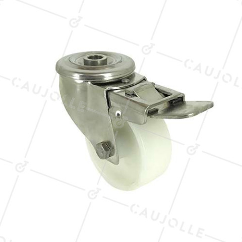 RUEDA CON AGUJERO PASANTE Y FRENO DE ACERO INOXIDABLE Y NYLON DE 80 MM DE DIÁMETRO, 150 KG DE CARGA - INOX O 80AF • Caujolle