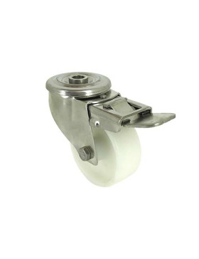 RUEDA CON AGUJERO PASANTE Y FRENO DE ACERO INOXIDABLE Y NYLON DE 80 MM DE DIÁMETRO, 150 KG DE CARGA - INOX O 80AF