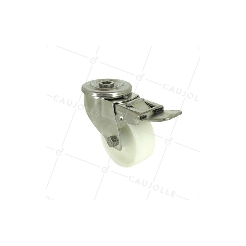 RUEDA CON AGUJERO PASANTE Y FRENO DE ACERO INOXIDABLE Y NYLON DE 80 MM DE DIÁMETRO, 150 KG DE CARGA - INOX O 80AF