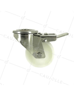 RUEDA CON AGUJERO PASANTE Y FRENO DE ACERO INOXIDABLE Y NYLON DE 80 MM DE DIÁMETRO, 150 KG DE CARGA - INOX O 80AF