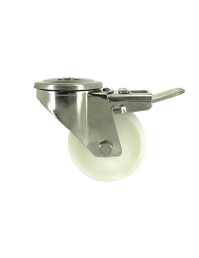 RUEDA CON AGUJERO PASANTE Y FRENO DE ACERO INOXIDABLE Y NYLON DE 80 MM DE DIÁMETRO, 150 KG DE CARGA - INOX O 80AF