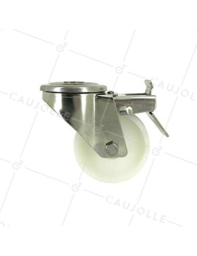 RUEDA CON AGUJERO PASANTE Y FRENO DE ACERO INOXIDABLE Y NYLON DE 80 MM DE DIÁMETRO, 150 KG DE CARGA - INOX O 80AF