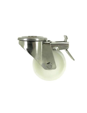 RUEDA CON AGUJERO PASANTE Y FRENO DE ACERO INOXIDABLE Y NYLON DE 80 MM DE DIÁMETRO, 150 KG DE CARGA - INOX O 80AF