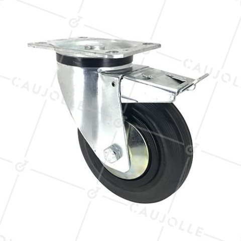 RUEDA INDUSTRIAL REFORZADA CON PLACA DE FRENO DE CAUCHO, DIÁMETRO DE 160 MM, CARGA 200 KG - S74C160AF • Caujolle