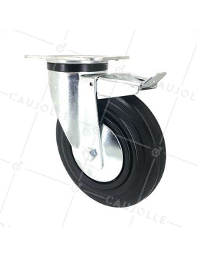 RUEDA INDUSTRIAL REFORZADA DE CAUCHO CON PLACA Y CON FRENO DIÁMETRO DE 200 MM CARGA 200 KG - S74C200AF • Caujolle