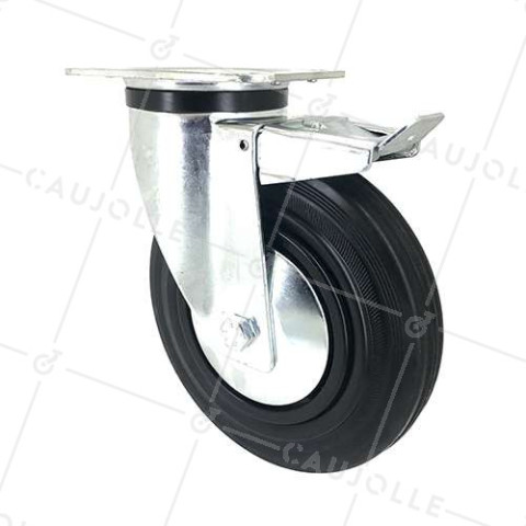 RUEDA INDUSTRIAL REFORZADA DE CAUCHO CON PLACA Y CON FRENO DIÁMETRO DE 200 MM CARGA 200 KG - S74C200AF • Caujolle