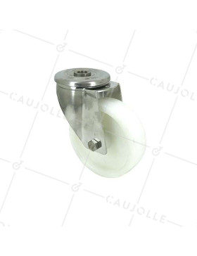 RUEDA CON AGUJERO PASANTE DE 12 MM, INOXIDABLE Y RODILLO DE NAILON DE 100 MM DE DIÁMETRO, 150 KG DE CARGA - INOXIDABLE O 100 • Caujolle