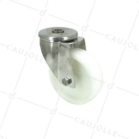 RUEDA CON AGUJERO PASANTE DE 12 MM, INOXIDABLE Y RODILLO DE NAILON DE 100 MM DE DIÁMETRO, 150 KG DE CARGA - INOXIDABLE O 100 • Caujolle