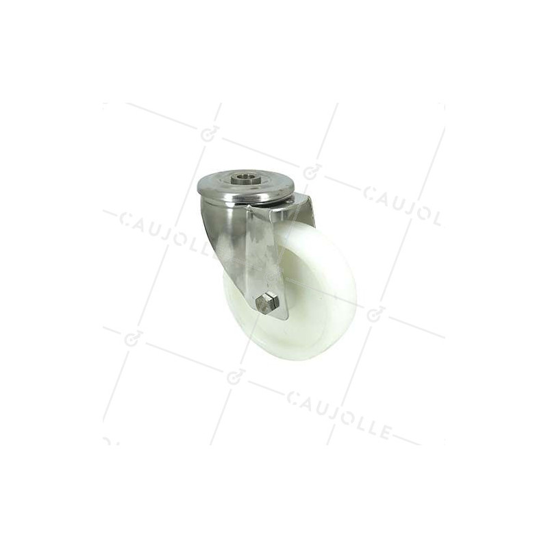 RUEDA CON AGUJERO PASANTE DE 12 MM, INOXIDABLE Y RODILLO DE NAILON DE 100 MM DE DIÁMETRO, 150 KG DE CARGA - INOXIDABLE O 100
