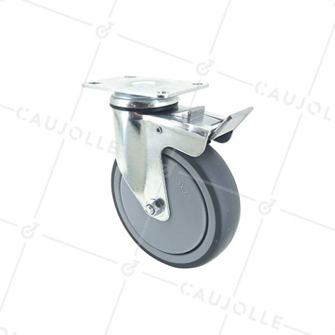 RUEDA PARA COLECTIVIDADES GIRATORIA CON PLACA CON FRENO DIÁMETRO 125 MM CARGA 90 KG - S15P 125BL • Caujolle